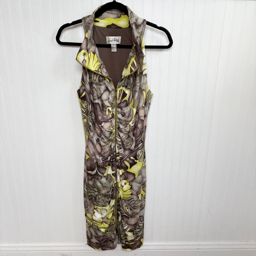 Joseph Ribkoff Lime Green & Gray Full Zip Sleeveless Dress Ruched Front Sz 8